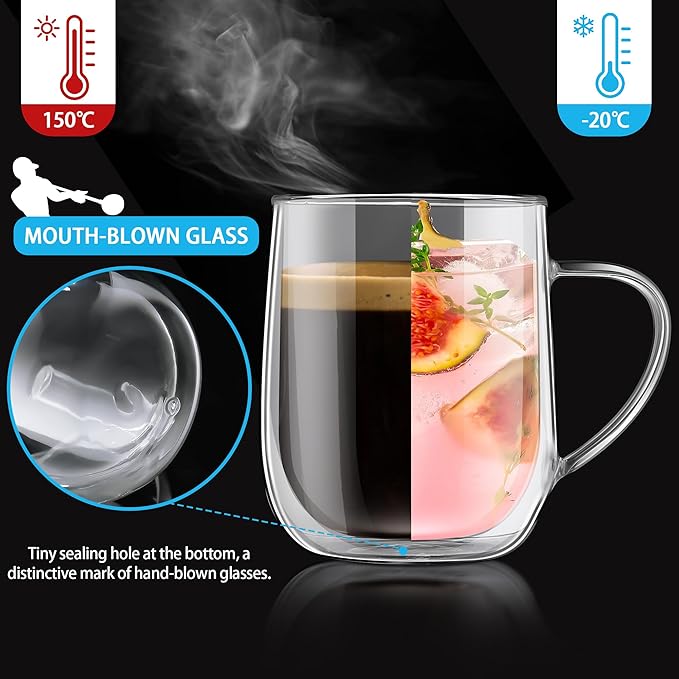 Joeyan Large Clear Double Walled Glass Coffee Mugs 15 oz, Double Layer Tea Latte Cappuccino Cups with Handle, Double Lined Insulated High Borosilicate Glassware for Milk and Hot Beverages, Set of 2 - Bloomnest