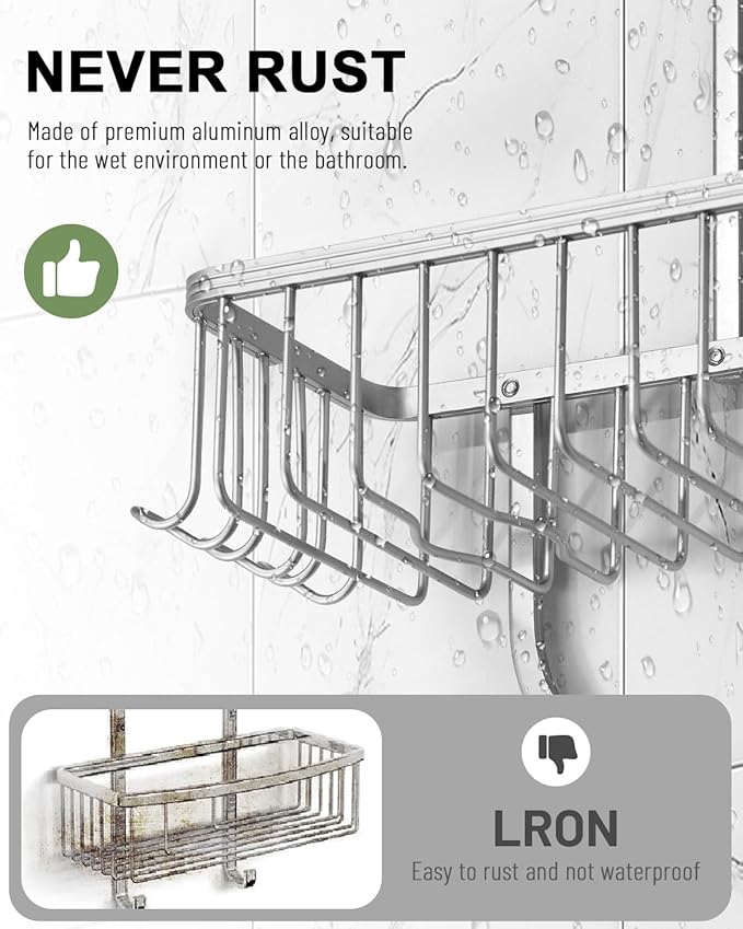 Shower Caddy Hanging - Never Rust Shower Hanging Organizer - Aluminum Over the ShowerHead Caddy with 6 Hooks for Razor/Sponge (Silver) - Bloomnest