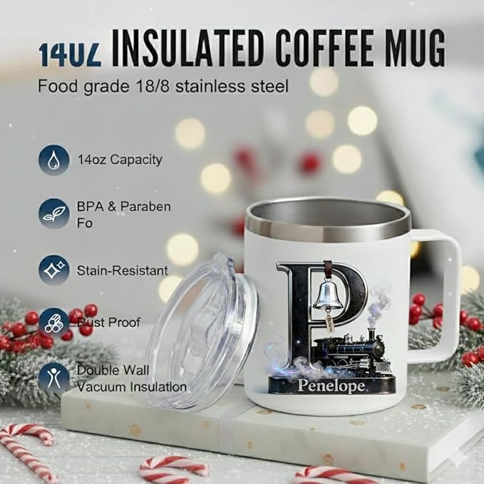 Personalized Polar Express Mug with Believe Bell & Custom Name - 14oz Insulated Hot Chocolate Tumbler with Lid - Magical Christmas Train Gift for Kids, Family (B69) - Bloomnest