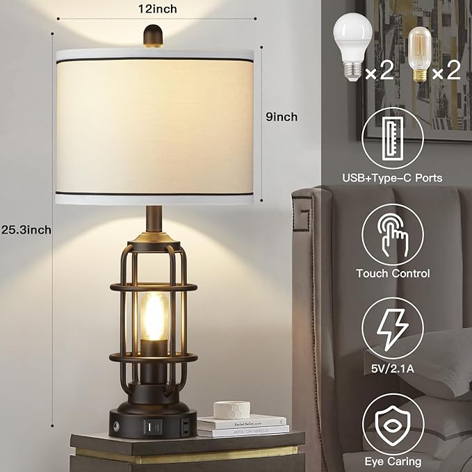 Modern Table Lamps Set of 2, Industrial 3-Way Dimmable Bedside Lamp with USB A+C Ports & AC Outlet, 25" Touch Control Nightstand Lamp LED Night Light for Living Room Bedroom Home(4 Bulbs Included) - Bloomnest