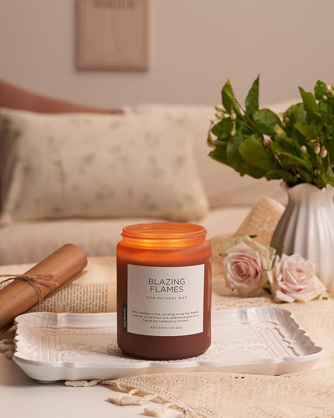 M&SENSE Blazing Flames Scented Candles with Log Fire - Patchouli & Cedarwood, Large Natural Soy 19.4oz 110 Hour Long Lasting Non Toxic Clean Burn Candle Gifts for Men Women - Bloomnest