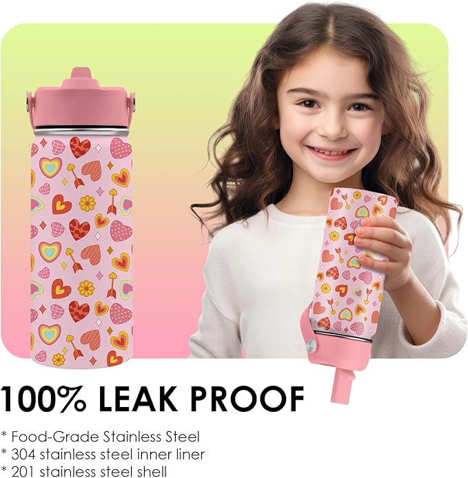 Heart Gifts for Kids - 16 Oz Kids Water Bottle with Straw Lid, Stainless Steel Insulated Tumbler, Leak Proof, BPA-Free, for Girls, School, Travel - Heart Pattern Children Birthday Gifts Cups(1pc) - Bloomnest