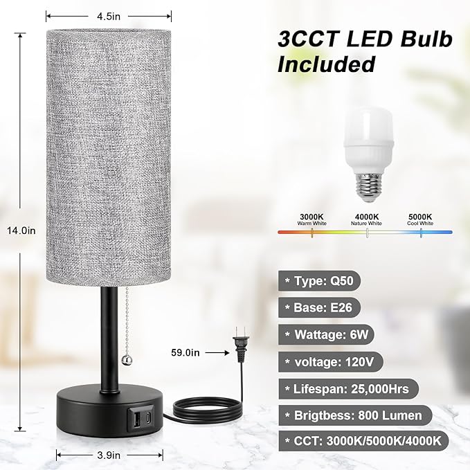 Grey Bedside Lamp for Bedroom Nightstand - Small Table Lamp with USB A + C Charging Port, 3 Color Temperatures Pull Chain Night Stand Light with Bulb, Side Table Desk Reading Lamp for Living Room/Dorm - Bloomnest