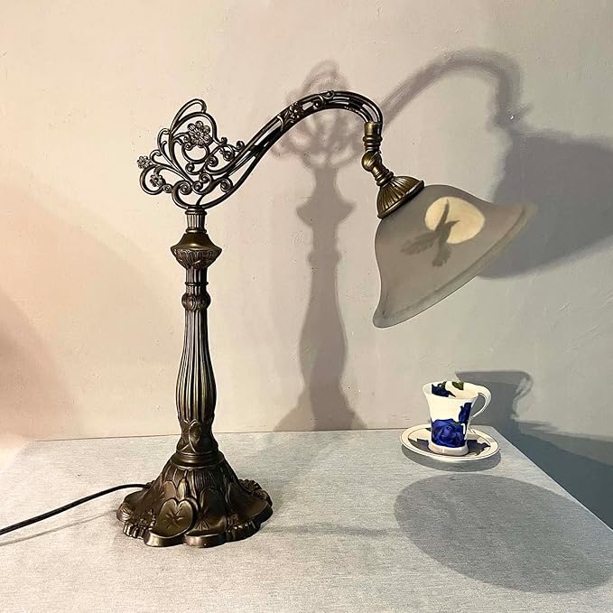 Bieye L13006 Hand-Painted Raven Table Lamp, Bridge Arm Desk Lamp with Adjustable Shade for Halloween Home Decor (Dark Blue, 21.7" H Bridge Arm)