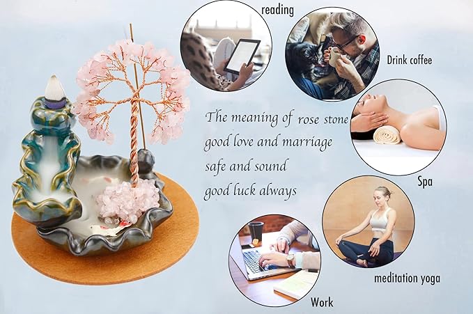 Backflow Incense Holder, Waterfall Incense Burner, Gemstone Money Tree Home Living Room Decorations Office Accessories for Women, Mothers Day Mom Gifts (Rose Quartz) - Bloomnest