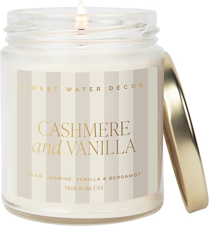 Sweet Water Decor Cashmere and Vanilla Patterned Candle – Soy Candles with Coconut, Bourbon Vanilla, Cashmere, Sandalwood, Musk – 40 Hour Burn – 9oz Clear Glass Jar – Luxury Spring Candle - Bloomnest
