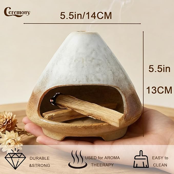 CEREMONY Palo Santo Holder -Mini Ceramic Incense Holder for Palo Santo and Sticks - White Sage Holder for Meditation Decor Ceremony Incense with Glass Gray Collector (Brown-Mount Fuji) LifeNeedsAlittleofCeremony