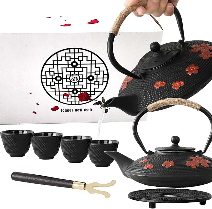 Cast Iron Teapot Set with Gift Pakckage, Pear Flower Tea Pot, Japanese Style Tetsubin Tea Gift Set, 4 Cups, Trivet and Lid Holder