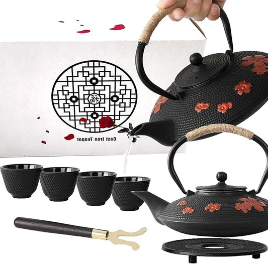Cast Iron Teapot Set with Gift Pakckage, Pear Flower Tea Pot, Japanese Style Tetsubin Tea Gift Set, 4 Cups, Trivet and Lid Holder