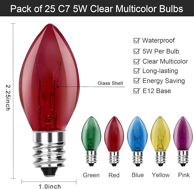 SUNSGNE C7 Multicolor Christmas Replacement Bulbs, Clear Multicolor Incandescent Light Bulbs for C7 Outdoor Patio Christmas String Lights, E12 Candelabra Base, 5 Watt, 25 Pack - Bloomnest
