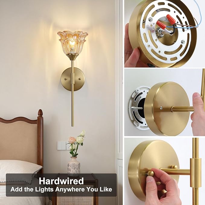 2 Pack Gold Wall Sconce with Modern Amber Glass Shades, Modern Mid Century Bathroom Vanity Wall Light Fixtures, Industrial Brushed Brass Wall Lamp, for Bedroom Mirror Living Room, ETL Listed - Bloomnest