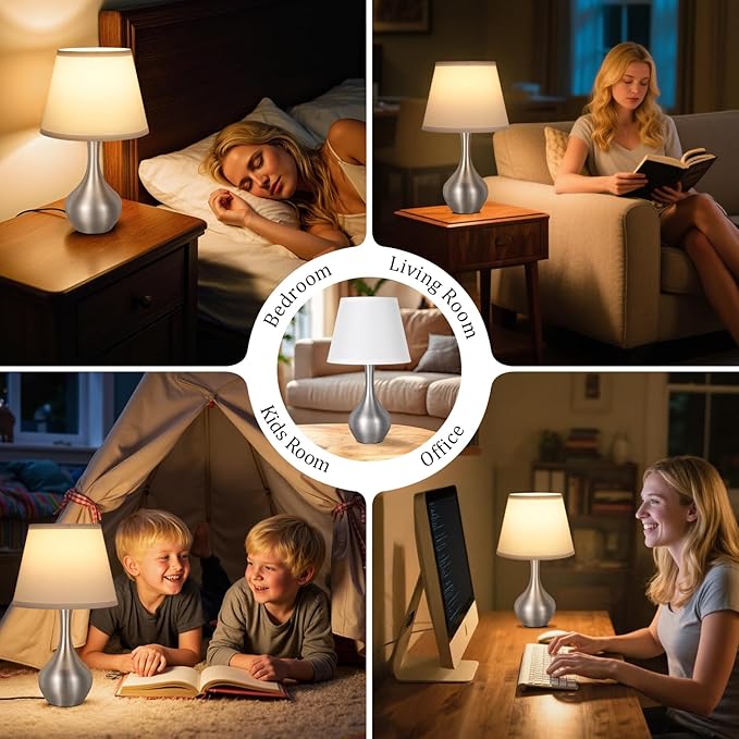 Seealle Touch Table Lamps for Bedroom Set of 2,3-Way Dimmable Small Bedside Lamps for Night Stands with Wires, Silver Desk Lamps for Kids Room,Office,Living Room, End Table(LED Bulbs Included) - Bloomnest
