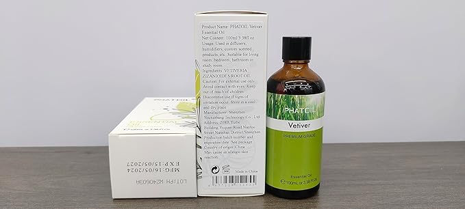 Vetiver 3.38fl.oz Essential Oil, PHATOIL Pure Aromatherapy Oils for Diffuser, Humidifier, Perfect for DIY Soap, Candle, Bath Bombs Making(100ml) PHATOIL