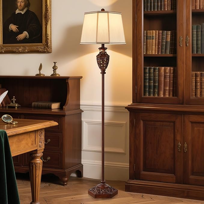 Luvkczc Vintage Floor Lamp - Brown Resin 6-Sided Carved Hollow Light Design, Mid-Century Modern Standing Lamp for Living Room, Bedroom, Study(Bulb Included) - Bloomnest