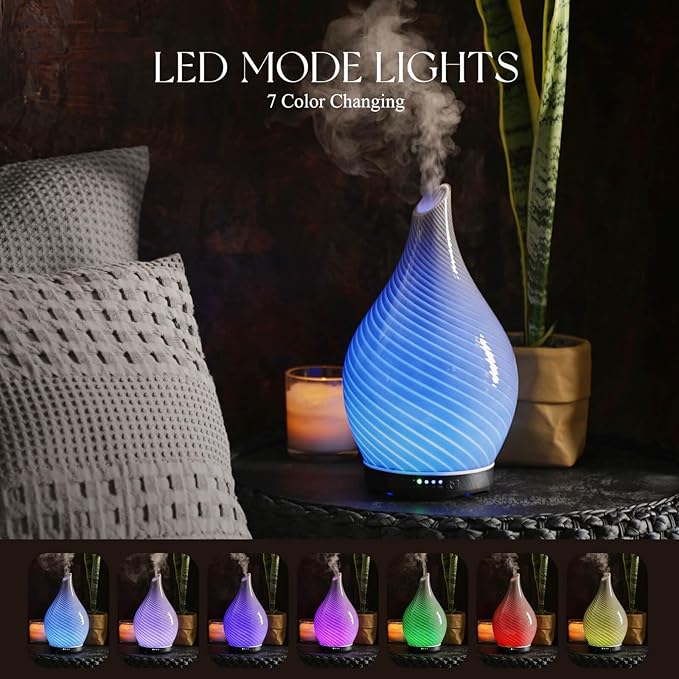 Porseme 280ml Essential Oil Diffuser Glass Color Changing Aroma Air Diffusers Aromatherapy Ultrasonic Cool Mist Humidifier 7 Running Hours Waterless Auto-Off for Sleeping, Yoga, Office (Pure Grey) Porseme