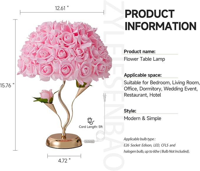 Pink Flowers Lamp Fabric Rose Table Lamp Flower Desk Lamp Creative Bedroom Nightstand Light or Wedding Decor Valentines Dating Party Livingroom Hotel Office Study Room - Bloomnest