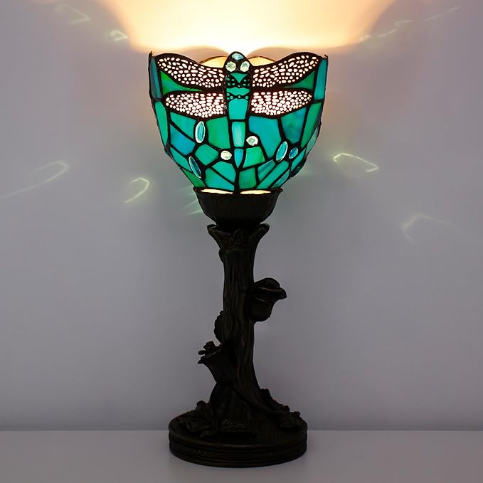 Small Tiffany Lamp Stained Glass Table Lamp Desk Uplight 6X6X13.5 Inch for Bedroom Bedside Office (Green Dragonfly) - Bloomnest