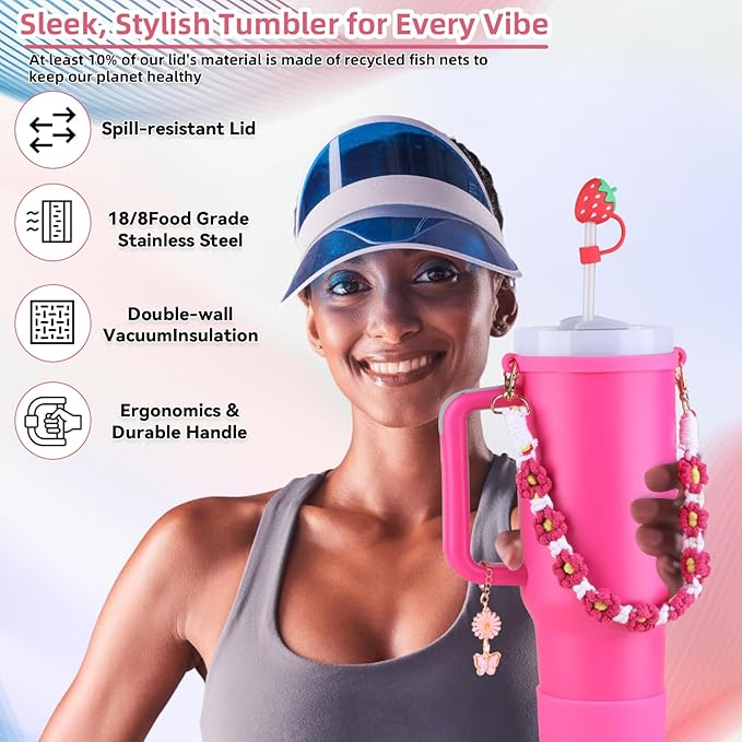 40 oz Tumbler Insulated Mug w/Straw & Flip Cap Lids - Cup Holder Bottle with 6 Accessories Set for Hot, Cold Drink - Leak-Proof - Water, Coffee Portable Travel Mug (Barbie) - Bloomnest