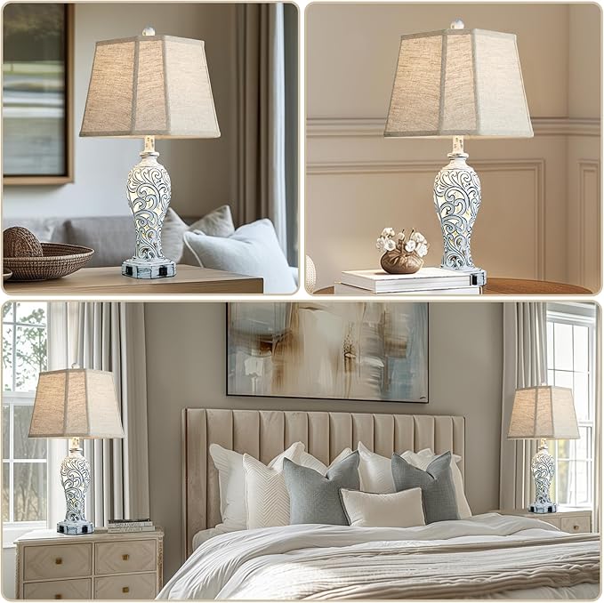 25'' Farmhouse Table Lamps Set of 2 for Living Room Bedroom, 2 USB Ports Rustic Vintage Nightstand Table Lamp with Nightlight, Hollow Out Resin Lamp for End Table (Bulbs Included) - Bloomnest
