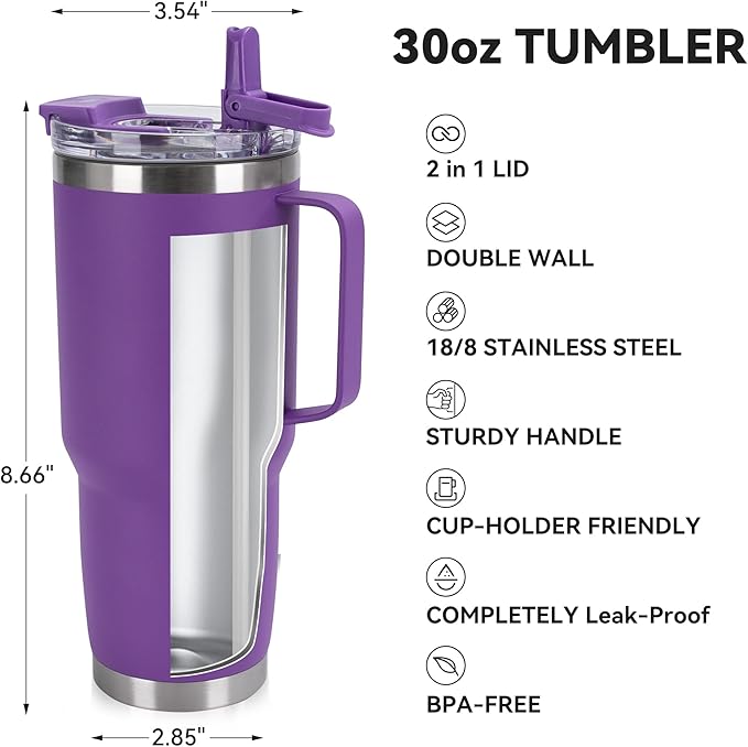 HASLE OUTFITTERS 30oz Tumbler With Handle, Insulated Travel Coffee Mug With Straw Leak-Proof Double Wall Stainless Steel Vacuum Tumblers Metal Cup with Straw for Hot and Cold Drink - Bloomnest