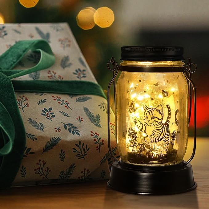 Cat Gifts Cat Solar Lanterns Cat Solar Lights Outdoor Cat Lover Gifts for Women Men Cat Lovers Gifts Hanging Cat Lanterns with Stake for Yard Lawn Garden Decor Waterproof Cat Butterfly Lantern Torches - Bloomnest
