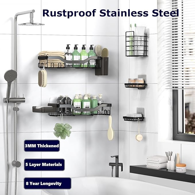 Shower Caddy Adhesive Shower Organizer 7-Pack, Rustproof Stainless Steel Bathroom Shelves, Large Capacity No-Drill Rack Storage Accessories with Soap Dish Toothbrush Holder &24 Hooks Home Decor - Bloomnest
