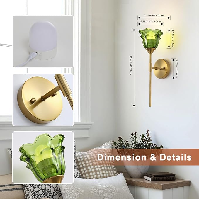 2 Pack Battery Operated Wall Sconce with Green Glass Shades, Wireless Rechargeable RGB Wall Light with Remote Control, for Bedroom Mirror Living Room - Bloomnest