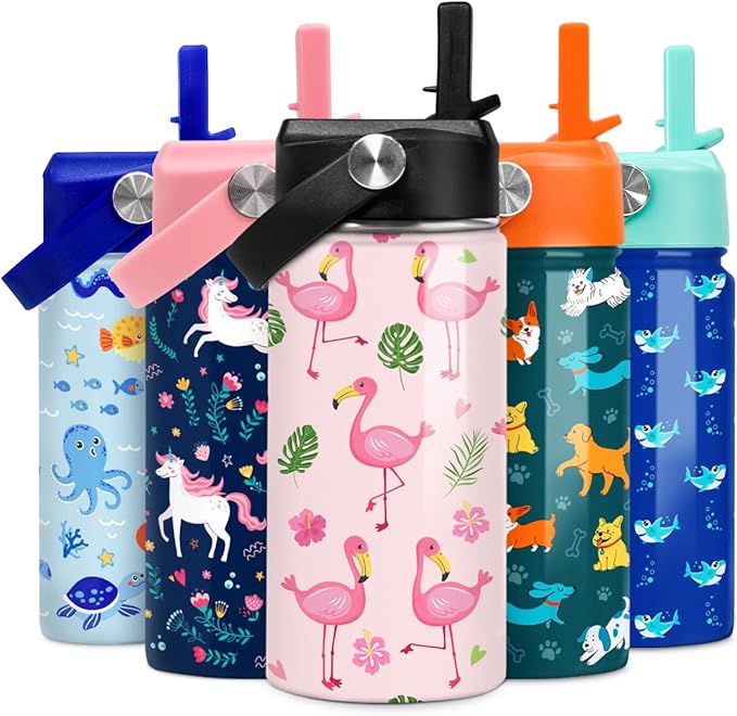 SANDJEST Kids Water Bottle Flamingo Water Bottles 12oz with Straw Insulated Stainless Steel Travel School Tumbler Double Wall Vacuum Cup for Girls Kid - Bloomnest