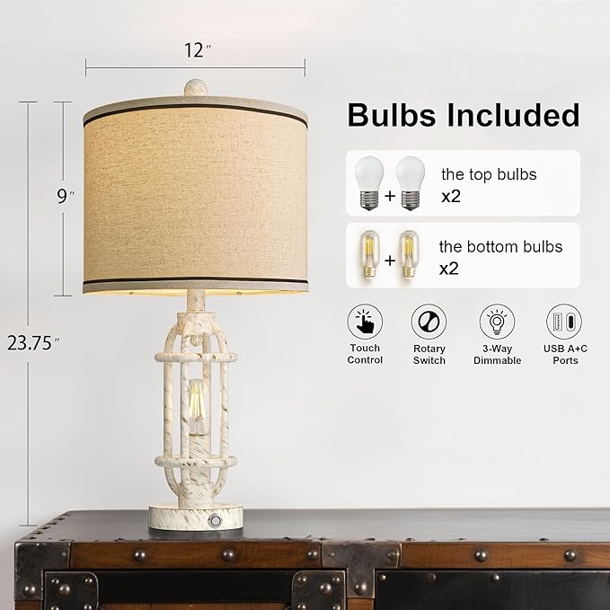 23.75'' Table Lamps Set of 2 for Living Room Bedroom Industrial Farmhouse Metal Touch Lamps with USB A+C Ports, Night Light Vintage Nightstand Bedside Lamp, Bulbs Included, White - Bloomnest