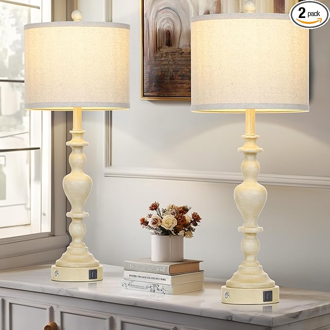 27" Vintage Farmhouse Table Lamps for Living Room Set of 2, Rustic Nightstand Lamps with USB C+A Ports, 3-Way Dimmable Retro Bedside Lamps for Bedroom Office 2 LED Bulbs Included Washed Antique Beige - Bloomnest