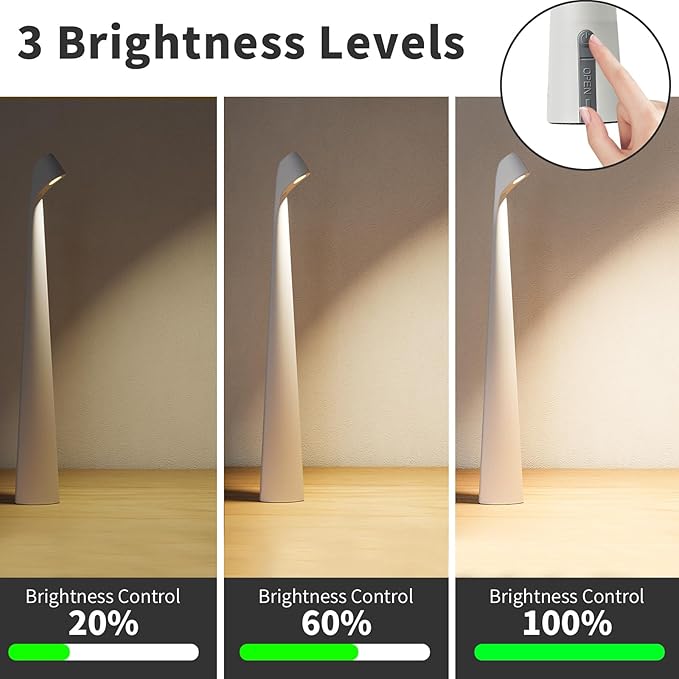 Portable Cordless LED Desk Lamp, Rechargeable Wireless Table Lamp, 3-Level Brightness, Patio & Bedside Night Light, Dining Room Ambient Reading Light (White) - Bloomnest