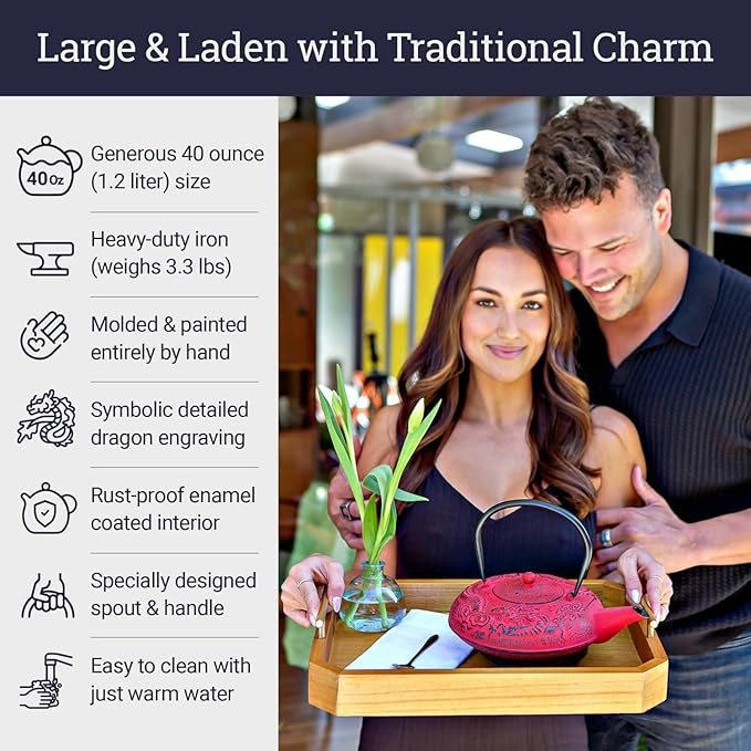 Large Cast Iron Tea Kettle Set - 40oz/1200ml Japanese Teapot with Infuser & Matching Trivet - Tetsubin Iron Tea Pot Japanese Style with Enamel Interior - Handcrafted Dragon Teapot Humidifier - Red