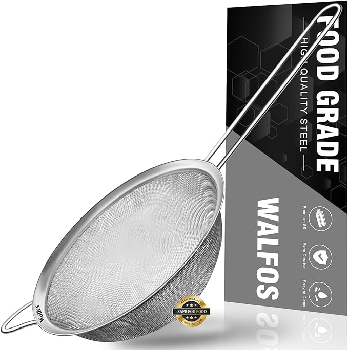 Walfos 7.8 Inch Fine Mesh Strainer, Premium Stainless Steel Colanders and Sifters, with Reinforced Frame and Sturdy Handle, Perfect for Sift, Strain, Drain and Rinse Vegetables, Pastas and Tea - Bloomnest