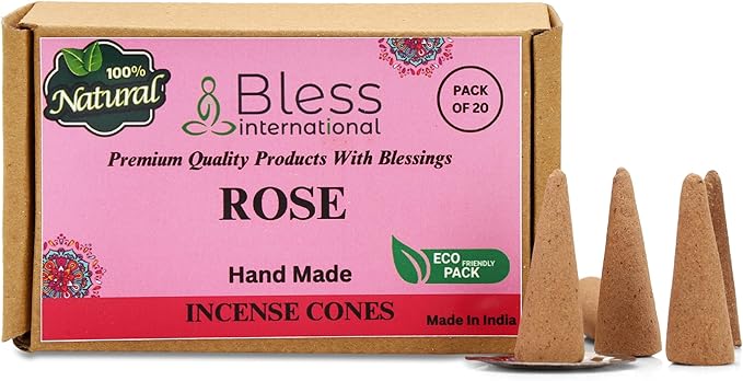Bless International Rose 100%-Natural-Incense-Cones Handmade-Hand-Dipped Organic-Chemicals-Free for-Purification-Relaxation-Positivity-Yoga-Meditation The-Best-scents (20 Count) BlessInternational