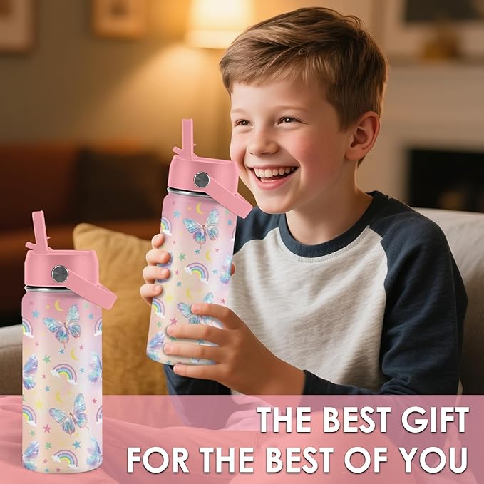 Butterfly Gifts - 16oz Pink Kids Water Bottle with Straw Lid, Stainless Steel Insulated Tumbler, Leakproof, BPA-Free, for Girls, School, Travel - Butterfly Rainbow Themed Birthday Gift Cup (1pc) - Bloomnest