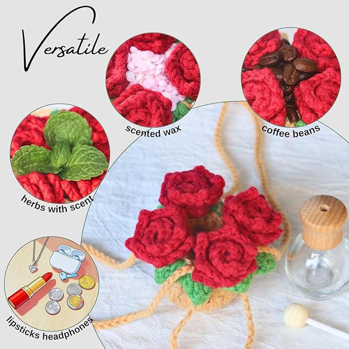 Handmade Crochet Hanging Car Air Freshener - Romantic Red Rose Design, 12ml Refillable Thick Glass Bottle, Car Diffuser for Rearview Mirror, Home & Office Romantic Decor - Bloomnest