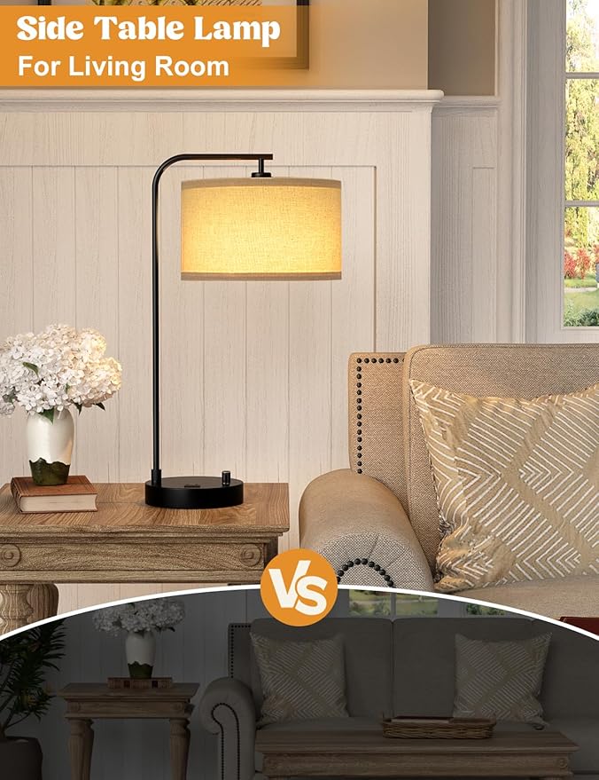 Tall Table Lamp with USB Port and Outlet, Dimmable Nightstand Bedside Lamps with Linen Lampshade, Desk Lamp for Bedroom, Living Room, Guest Room, Home Office, LED Bulb Included - Bloomnest