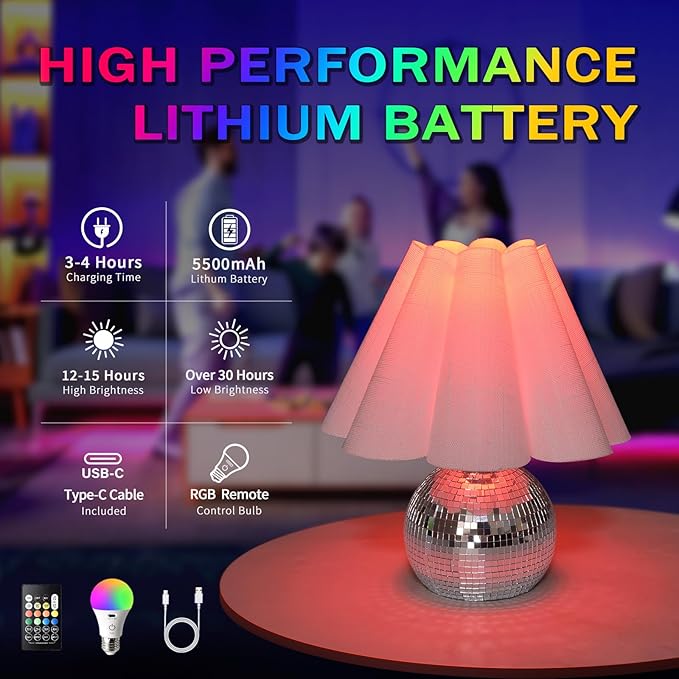 Rechargeable Crodless Small Funky Table Lamp, Battery Operated Remote Control Disco Mini Table Lamps for Bedroom Nightstand, Funky Small Table Lamp for Small Spaces for Kitchen Counter, Bookshelf - Bloomnest