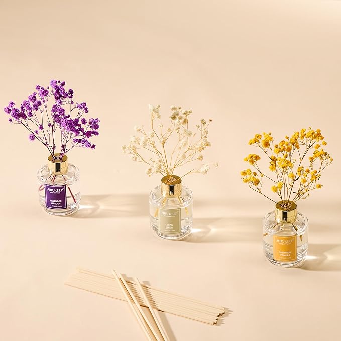 Airkeep Reed Diffuser Set of 3,Clean Linen Cashmere Vanilla Lavender Garden Oil Reed Diffusers for Bedroom Living Room Office Aromatherapy Oil Reed Diffuser for Gift 50ml x 3 - Bloomnest