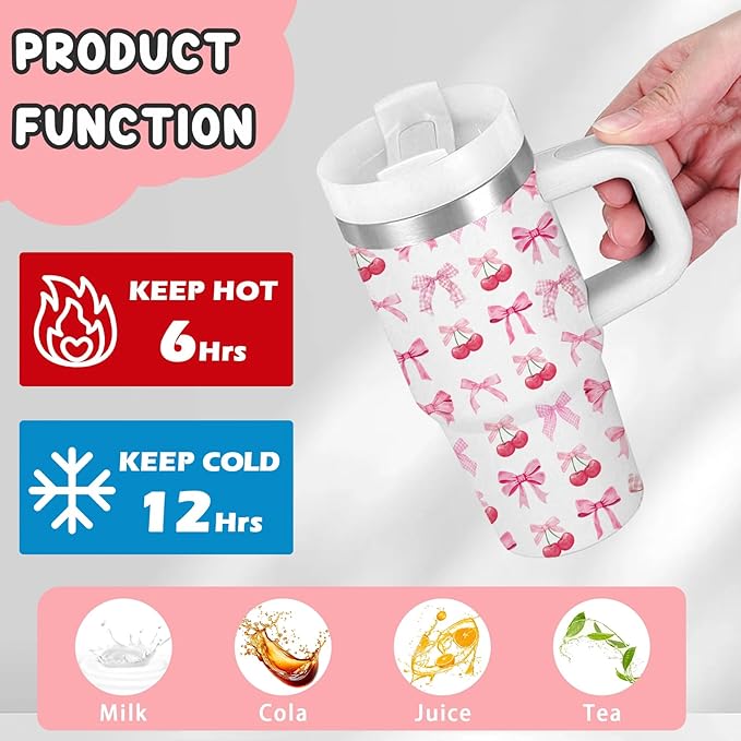 Bow Gifts for Girls - 14oz Pink Kids Bowknot Themed Tumbler with Handle and Straw, Stainless Steel Insulated Water Cup, for Sport, School, Travel - Cute Pink Bow Themed Children Birthday Gift Cup(1pc) - Bloomnest