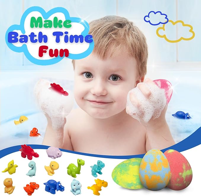 Bath Bombs for Kids with Surprise Toys Inside, 12 Pack Natural Dino Egg Bath Bombs with Dinosaur Suction Cup Toys, Bubble Bath Fizzers Ball Gift Set for Boys Girls Birthday, Summer Fun - Bloomnest