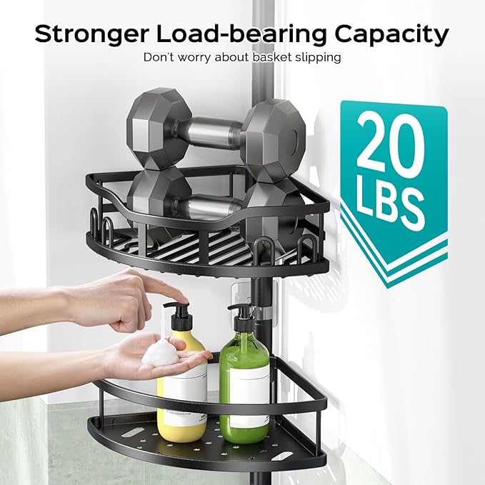 HAMITOR Corner Shower Caddy Tension Pole: Rustproof Stable 4-Tier Bathroom Organizer Shelves for Bathtub Shampoo Storage - 47-121 Inch Quick Install Adjustable Standing Rack with Soap Rack - Black - Bloomnest