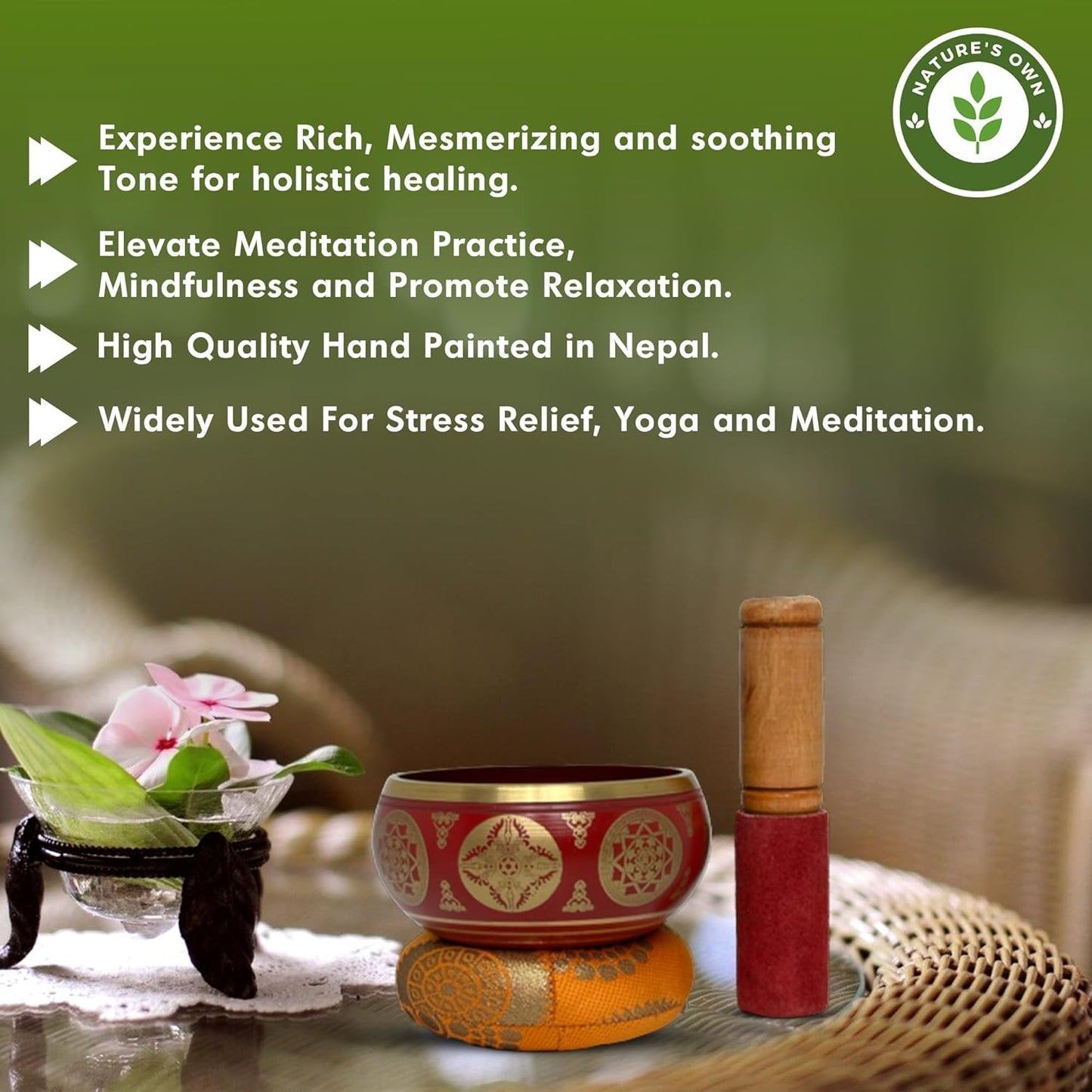Nature's Own Tibetan Singing Bowl Set- Easy to Play- Meditation Sound Bowl Handcrafted in Nepal for Yoga, Mindfulness, Chakra Healing, Stress Relief- Spiritual Gifts for Women and Men (3.5 Inch, Red)