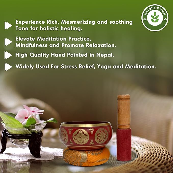 Nature's Own Tibetan Singing Bowl Set- Easy to Play- Meditation Sound Bowl Handcrafted in Nepal for Yoga, Mindfulness, Chakra Healing, Stress Relief- Spiritual Gifts for Women and Men (3.5 Inch, Red) - Bloomnest