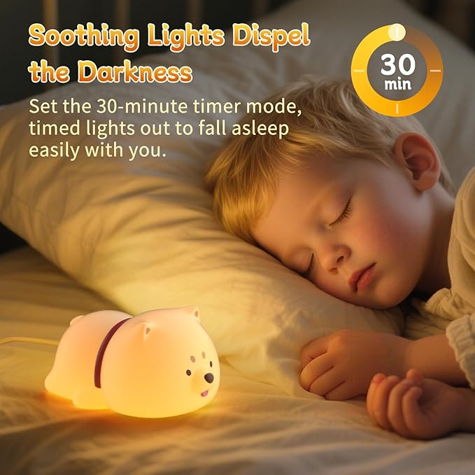 Cute Puppy Night Light for Baby Kids - Rechargeable Touch Control Night Light with 3 Brightness, Warm Light, Timer & Soft Silicone - Nursery Bedroom - Bloomnest