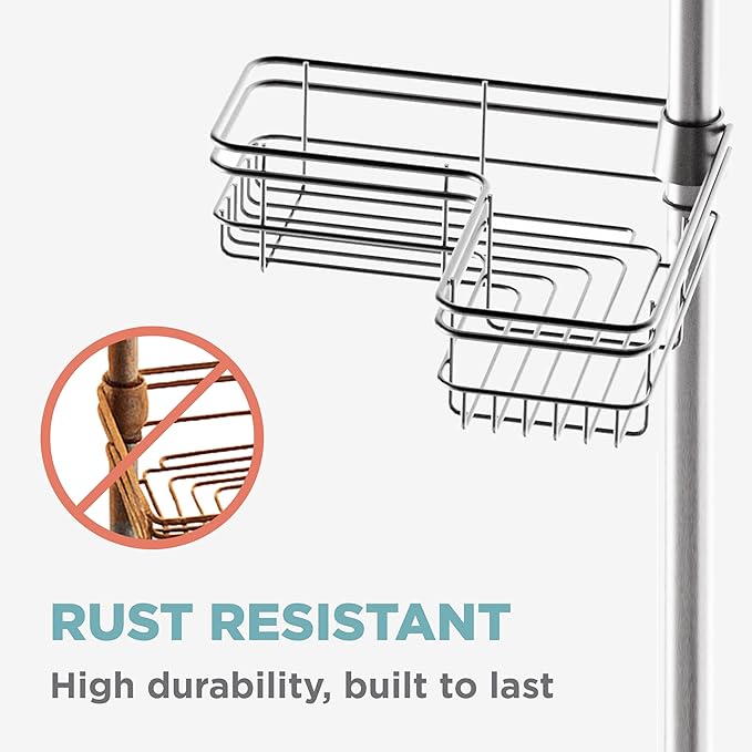 Zenna Home Tension Pole Shower Caddy Corner Organizer, Adjustable Standing Shower Caddy with 4 L-shaped Baskets and Hooks, Rust Resistant Bathroom Tension Rod Organizer, 60 to 97 Inch, Satin Nickel - Bloomnest