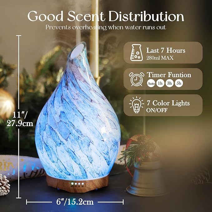 Porseme 280ml Glass Essential Oil Diffuser Aromatherapy Ultrasonic Cool Mist Humidifier 7 Running Hours Waterless Auto-Off Air Diffusers for Sleeping, Yoga, Office Working, Spa and Rest (Light Blue) - Bloomnest