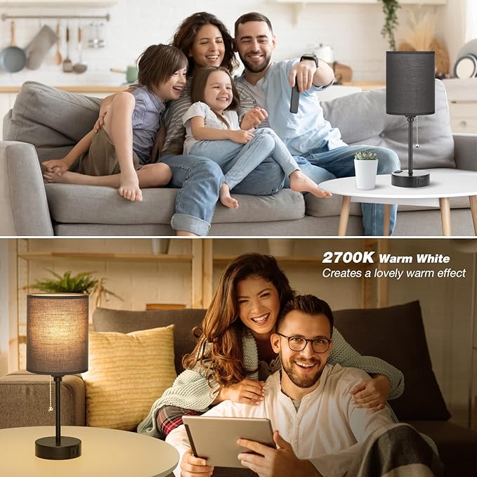 Dicoool Black Bedroom Lamp 3 Color Temperatures - Small Bedside Lamps with USB C and A Ports, Pull Chain Table Lamps with AC Outlet, Black Nightstand Light for Kids Sleeping - Bloomnest