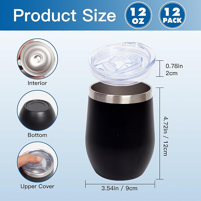 12oz Stainless Steel Wine Tumbler with Lid & Straw, Double Wall Vacuum Coffee Mug Insulated Tumbler Cup for Champaign, Cocktail, Beer, Coffee - 12 Pack - Bloomnest