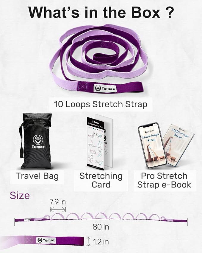 Tumaz Stretching Strap - 10 Loops & Non-Elastic Yoga Strap - The Perfect Home Workout Stretch Strap for Physical Therapy, Yoga, Pilates, Flexibility - [Extra Thick, Durable, Soft] - Bloomnest